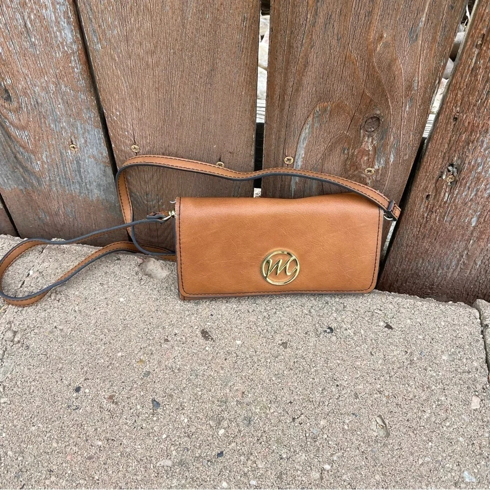 Women’s Brown Wallet Gold Logo and Shoulder Strap